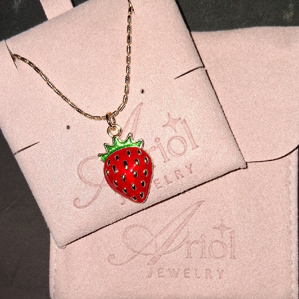 Jewelry Strawberry Gold Filled Pendant Necklace - Red and Green